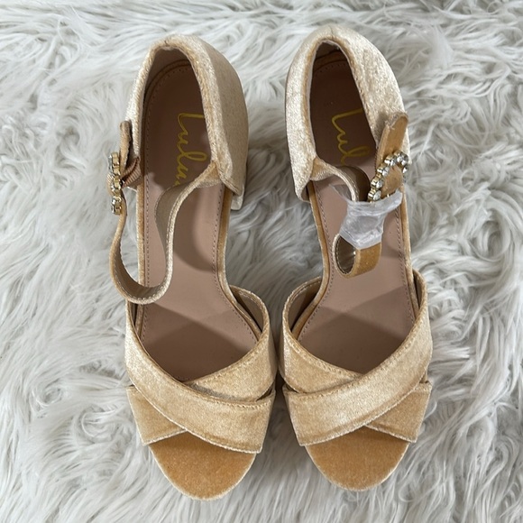 LULUS Crushest Champagne Velvet Rhinestone Ankle Strap Chunky Heels Size 10 NEW - Picture 5 of 16